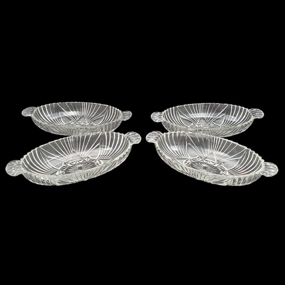 Lot of 4 Hazel Atlas Glass Clear Olive Dish Oval Fan Triangle Tab Handle - Picture 6 of 16